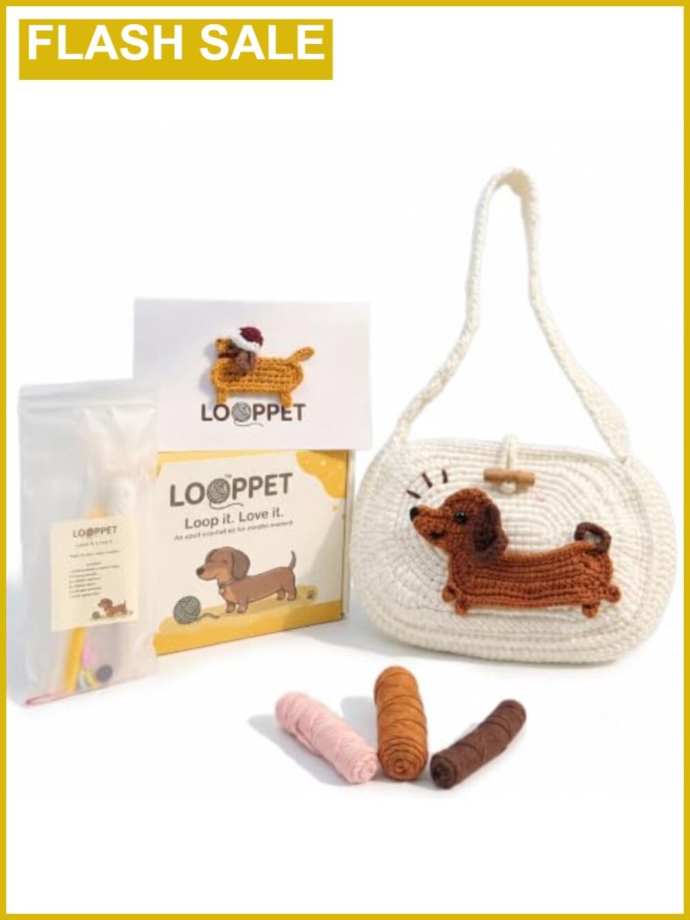 LOOPPET Crochet Kit Beginner DIY Dachshund Applique Shoulder Bag